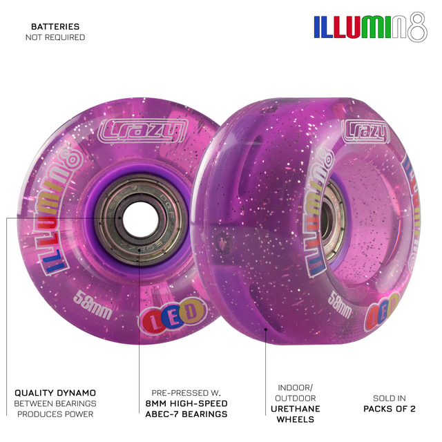 iLLUMIN8 Purple Glitter LED Light Up Roller Skate Wheels