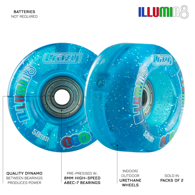 iLLUMIN8 Teal Glitter LED Light Up Roller Skate Wheels