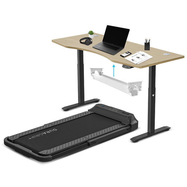 Lifespan Fitness V-FOLD Treadmill with ErgoDesk Automatic Standing Desk 1800mm in Oak/Black with Cable Management